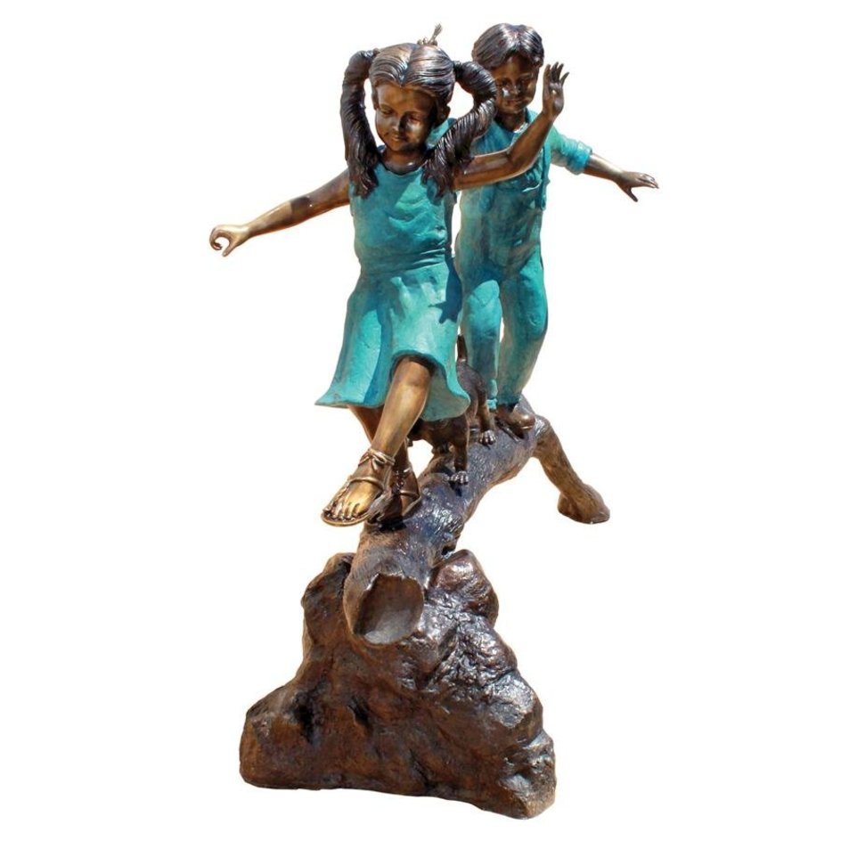 Boy & Girl On Log Bronze Garden Statue - Design Toscano