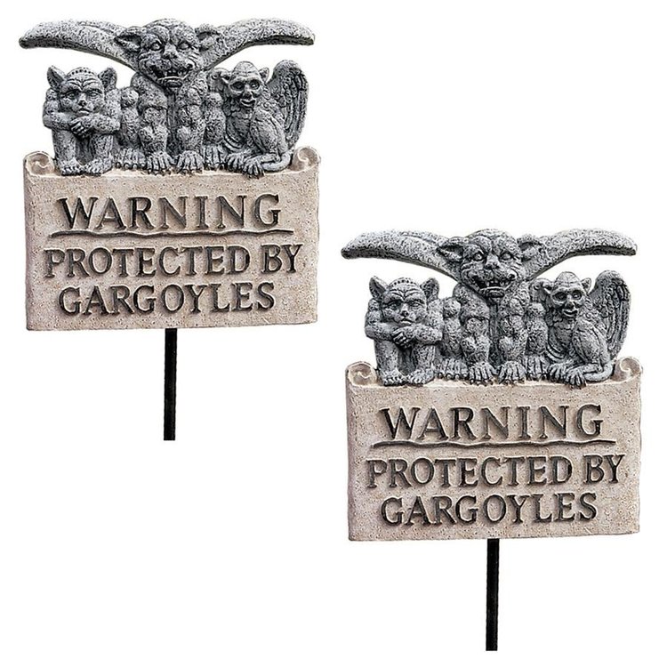 View larger image of Beware of Gargoyles Sign Garden Stake Wall Sculptures: Set of Two