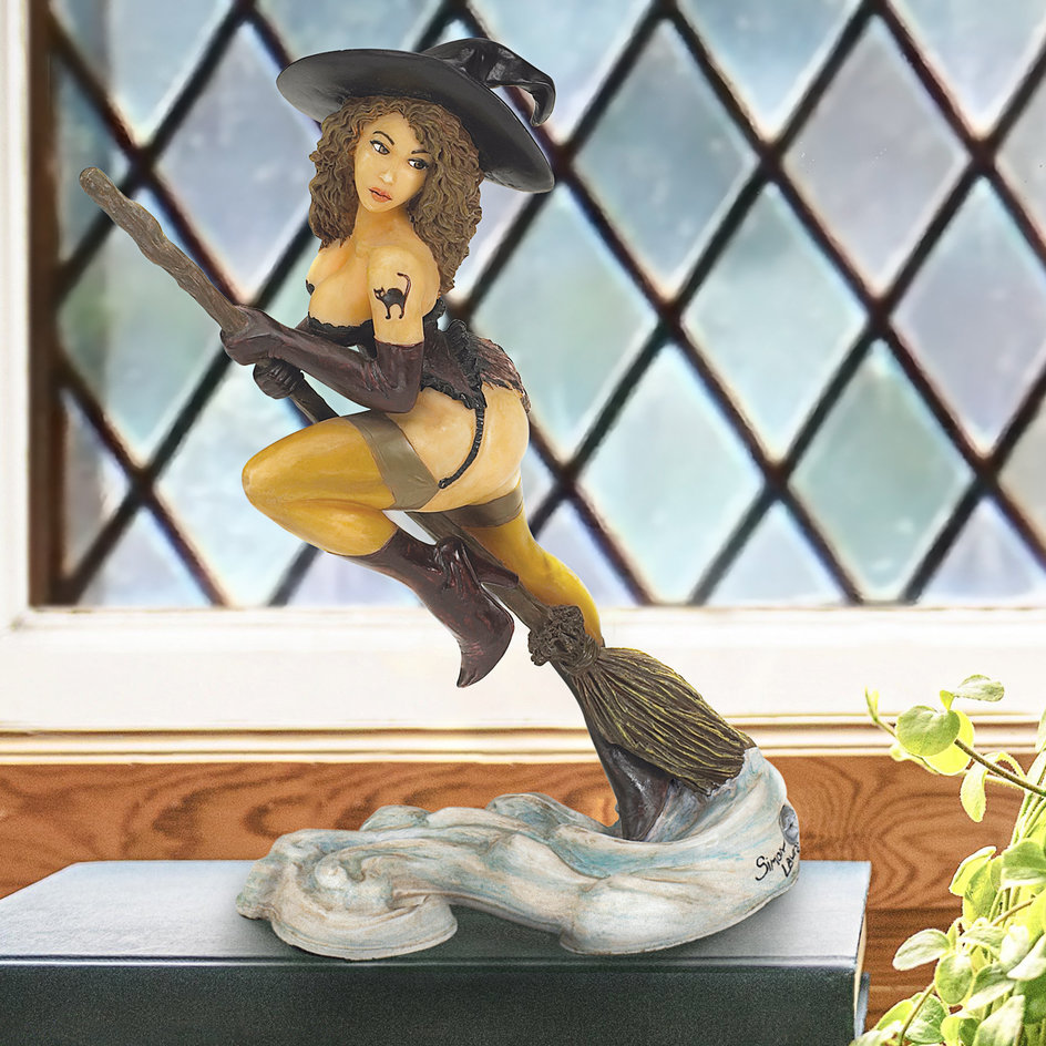 Broom Riding Tattooed Modern Witch Sculpture - Design Toscano