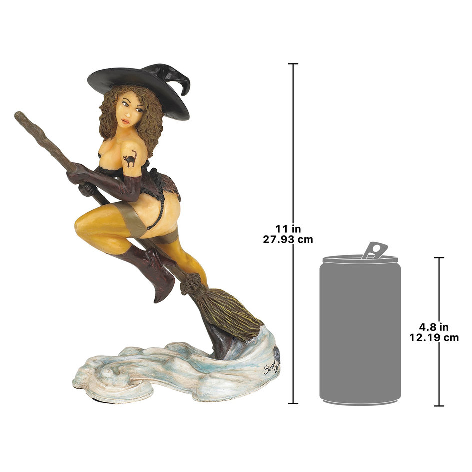 Broom Riding Tattooed Modern Witch Sculpture - Design Toscano