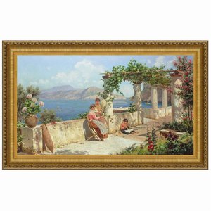 Figures on a Terrace in Capri Framed Canvas Replica Painting: Medium