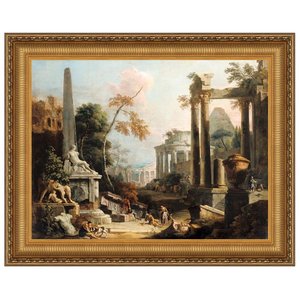 Landscape with Classical Ruins and Figures Framed Canvas Replica Painting: Medium
