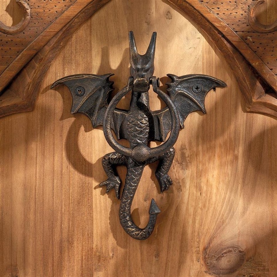 Gothic Medieval Dragon Door Knocker Cast Iron Finish, Knockers